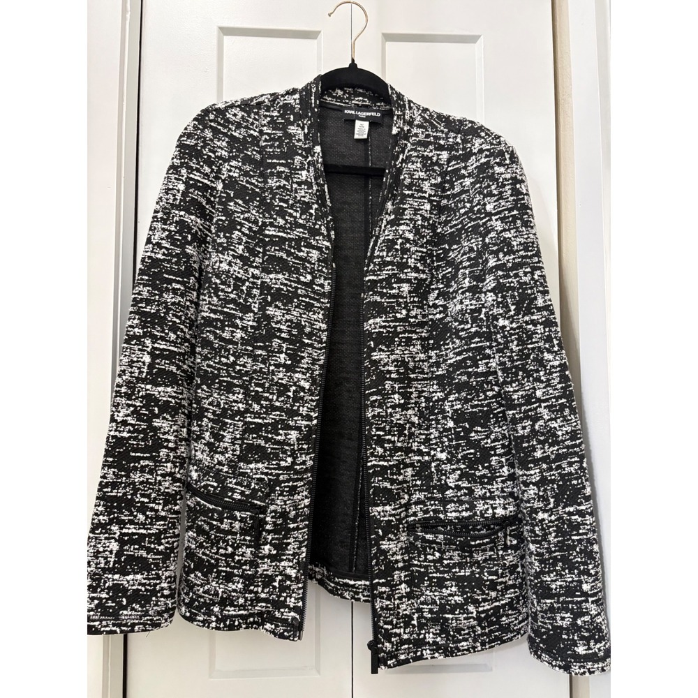 Karl Lagerfeld Paris Womens Black White Textured Knit Zip Front Jacket M